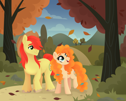 Size: 5000x4000 | Tagged: safe, artist:kabuvee, imported from derpibooru, bright mac, pear butter, earth pony, pony, absurd resolution, autumn, brightbutter, cowboy hat, duo, female, hat, leaves, male, mare, open mouth, path, scenery, shipping, smiling, stallion, straight, tree, unshorn fetlocks, walking