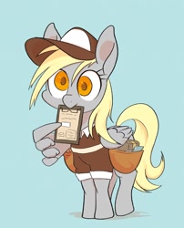 Size: 1585x1962 | Tagged: safe, artist:noupu, imported from derpibooru, derpy hooves, pegasus, pony, bag, blue background, clipboard, cute, derpabetes, hat, mailbag, mailmare, mailmare uniform, mailpony, mouth hold, pointing, simple background, wing hands, wings
