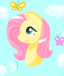 Size: 301x356 | Tagged: safe, artist:lindasaurie, derpibooru exclusive, imported from derpibooru, fluttershy, butterfly, pony, bust, cloud, lineless, ms paint, shading, sky, solo