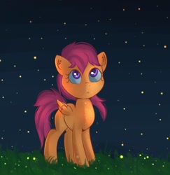 Size: 1272x1310 | Tagged: safe, artist:autumnvoyagee, imported from derpibooru, scootaloo, firefly (insect), insect, pegasus, pony, cute, cutealoo, ear fluff, female, filly, foal, grass, night, open mouth, solo