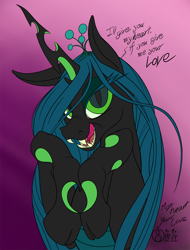 Size: 914x1200 | Tagged: safe, alternate version, artist:sepiakeys, imported from derpibooru, queen chrysalis, changeling, changeling queen, bust, female, portrait, smiling, solo, wip