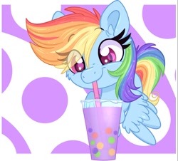 Size: 1013x914 | Tagged: safe, artist:lbrcloud, imported from derpibooru, part of a set, rainbow dash, pegasus, pony, abstract background, bubble tea, colored pupils, cute, dashabetes, drink, drinking straw, smiling, solo, straw