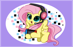 Size: 4139x2689 | Tagged: safe, artist:kittyrosie, imported from derpibooru, fluttershy, pegasus, pony, cute, gamershy, headphones, nintendo switch, open mouth, shyabetes, solo