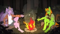 Size: 1280x720 | Tagged: safe, artist:st. oni, imported from derpibooru, oc, oc only, oc:arc pyre, oc:nebula eclipse, oc:way right, anthro, bat pony, phoenix, unicorn, 16:9, bat pony oc, campfire, colored, commission, flat colors, food, forest, horn, marshmallow, night, unicorn oc