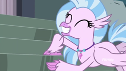 Size: 1248x702 | Tagged: safe, imported from derpibooru, screencap, silverstream, classical hippogriff, hippogriff, school daze, cute, diastreamies, eyes closed, grin, jewelry, necklace, smiling, solo, stairs, that hippogriff sure does love stairs