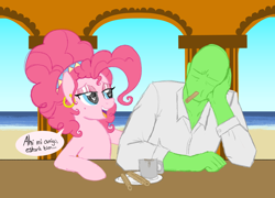 Size: 2204x1584 | Tagged: safe, artist:legendoflink, imported from derpibooru, pinkie pie, oc, oc:anon, earth pony, human, pony, alternate design, alternate hairstyle, beach, beauty mark, churros, clothes, comfort eating, comforting, dialogue, eating, eyeshadow, female, food, friendshipping, hairband, heart, heart eyes, hoof on back, latin, latin american, latina pinkie pie, lidded eyes, makeup, mare, ocean, open mouth, open smile, outdoors, rubbing, shirt, simple background, smiling, spanish, speech bubble, water, wingding eyes