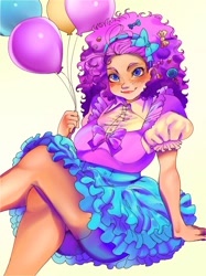 Size: 1929x2573 | Tagged: safe, artist:katarinacipcic, imported from derpibooru, pinkie pie, human, balloon, blushing, bow, clothes, dress, female, hair bow, humanized, looking at you, shorts, shorts under skirt, skirt, smiling, solo