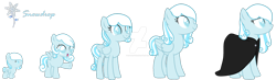 Size: 1280x374 | Tagged: safe, artist:hate-love12, imported from derpibooru, oc, oc:snowdrop, pony, age progression, cloak, clothes, deviantart watermark, female, filly, foal, mare, obtrusive watermark, simple background, solo, story included, transparent background, watermark