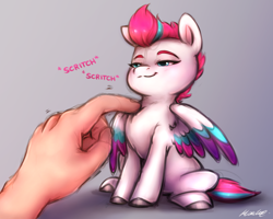 Size: 2698x2159 | Tagged: safe, artist:buttersprinkle, imported from derpibooru, zipp storm, human, pegasus, pony, adorazipp, chest fluff, cute, fluffy, g5, hand, micro, offscreen character, offscreen human, scratching, smug, tiny, tiny ponies