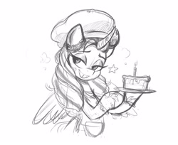 Size: 3454x2812 | Tagged: safe, artist:fanzeem, imported from derpibooru, opaline arcana, alicorn, pony, spoiler:g5, spoiler:my little pony: make your mark, cake, candle, chef's hat, eyebrows, eyeshadow, female, food, g5, grayscale, grin, hat, high res, lidded eyes, makeup, mare, monochrome, partially open wings, simple background, sketch, smiling, solo, stars, white background, wings