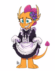 Size: 3169x4093 | Tagged: safe, artist:fanzeem, imported from derpibooru, smolder, dragon, blushing, clothes, commission, cute, embarrassed, flower, flower in hair, gloves, maid, sharp teeth, sheepish grin, simple background, smiling, smolder also dresses in style, smolderbetes, solo, teeth, white background, wide eyes