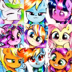 Size: 5000x5000 | Tagged: safe, artist:liaaqila, imported from derpibooru, applejack, fluttershy, pipp petals, princess celestia, rainbow dash, sunny starscout, twilight sparkle, oc, oc:qilala, alicorn, earth pony, pegasus, pony, unicorn, :3, absurd resolution, cute, face your art, female, g4, g5, looking at you, mare, open mouth, open smile, smiling, traditional art