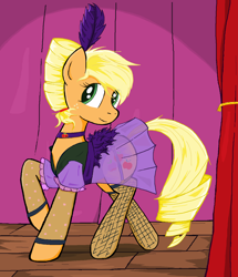 Size: 1253x1454 | Tagged: safe, artist:sallycars, imported from derpibooru, applejack, earth pony, pony, over a barrel, alternate hairstyle, applejack also dresses in style, clothes, clothes swap, dress, female, fishnets, freckles, looking at you, mare, ms paint, see-through, solo, style emulation