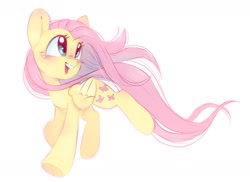 Size: 1424x1037 | Tagged: safe, artist:melodylibris, imported from derpibooru, fluttershy, pegasus, pony, blushing, cute, daaaaaaaaaaaw, female, folded wings, happy, mare, open mouth, running, shyabetes, simple background, smiling, solo, white background, wings