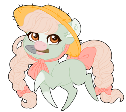 Size: 1024x908 | Tagged: safe, artist:azure-art-wave, imported from derpibooru, oc, oc:posie pastel, pony, chibi, female, hat, mare, mouth hold, simple background, solo, transparent background