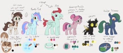 Size: 1536x672 | Tagged: safe, artist:dotkwa, oc, oc only, oc:dotmare, oc:frosty pick, oc:granny archie, oc:hedge trimmer, oc:tooth pick, oc:vespa, bat pony, changeling, earth pony, pegasus, pony, unicorn, butt, female, male, mare, plot, reference sheet, simple background, smiling, stallion, white background