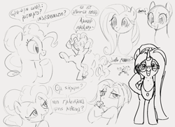 Size: 1220x886 | Tagged: safe, artist:dotkwa, fluttershy, pinkie pie, oc, earth pony, pegasus, pony, unicorn, drawpile, female, glasses, mare, monochrome, open mouth, rearing, simple background, smiling, sucker, talking, tongue out