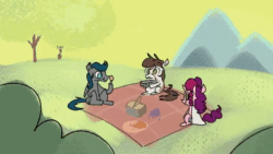 Size: 854x480 | Tagged: safe, artist:dotkwa, oc, oc only, oc:anon, oc:dotmare, oc:marker pony, bat pony, earth pony, human, pegasus, pony, 4chan, animated, eating, female, holiday, male, mare, no sound, picnic, sitting, smiling, stallion, thanksgiving, the grim adventures of billy and mandy, webm, yoink