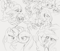 Size: 1621x1380 | Tagged: safe, artist:dotkwa, fluttershy, oc, oc:dotmare, earth pony, pegasus, pony, blushing, drawpile, eyes closed, female, flying, kissing, lying down, mare, monochrome, open mouth, raised hoof, simple background, sitting, sleeping, smiling, spread wings, talking, wings