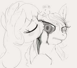 Size: 929x822 | Tagged: safe, artist:dotkwa, oc, oc only, cyborg, pony, blushing, eyes closed, female, frown, kissing, mare, monochrome, simple background