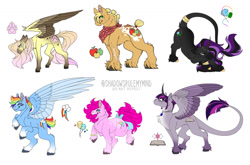 Size: 1280x843 | Tagged: safe, artist:shad0wsrulemymind, imported from twibooru, applejack, fluttershy, pinkie pie, rainbow dash, rarity, twilight sparkle, alicorn, earth pony, pegasus, pony, unicorn, alternate cutie mark, bandana, bow, bracelet, chest fluff, coat markings, colored ears, colored hooves, female, glasses, hoof fluff, image, jewelry, leonine tail, mane six, mare, necklace, needs more jpeg, open mouth, redesign, scar, short tail, simple background, smiling, tail bow, tail wrap, two toned wings, unshorn fetlocks, white background, wings