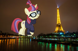 Size: 1920x1275 | Tagged: safe, artist:jaredking779, artist:jhayarr23, imported from derpibooru, moondancer, pony, unicorn, clothes, female, france, giant pony, giant unicorn, giantess, glasses, highrise ponies, irl, macro, mare, mega giant, mega/giant moondancer, one eye closed, paris, photo, ponies in real life, raised hoof, sweater