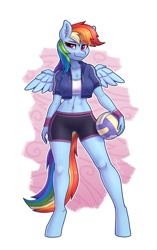 Size: 2208x3508 | Tagged: safe, artist:dandy, imported from derpibooru, rainbow dash, anthro, pegasus, unguligrade anthro, ball, belly button, belly piercing, clothes, ear piercing, female, high res, jersey, looking at you, midriff, piercing, shorts, smiling, smirk, solo, sports, sports bra, sports shorts, volleyball, wings