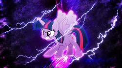 Size: 3840x2160 | Tagged: safe, artist:cloudyglow, artist:game-beatx14, edit, imported from derpibooru, twilight sparkle, alicorn, pony, angry, female, high res, lightning, mare, solo, spread wings, twilight sparkle (alicorn), wallpaper, wallpaper edit, wings