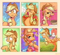 Size: 2048x1878 | Tagged: safe, artist:jficbcpcr6eyujo, imported from derpibooru, applejack, bird, chicken, earth pony, pony, applebuck season, applejack's "day" off, simple ways, alternate hairstyle, apple, applejewel, bipedal, bowl, bust, chest fluff, chicken dance, chickenjack, clothes, colored, cowboy hat, derp, faic, female, floppy ears, food, freckles, hat, heart, mare, messy hair, scared, scene interpretation, silly, silly pony, stetson, surprised, tired, who's a silly pony, yawn