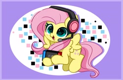 Size: 4096x2661 | Tagged: safe, artist:kittyrosie, imported from derpibooru, fluttershy, pegasus, pony, cute, headphones, nintendo switch, open mouth, shyabetes