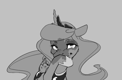 Size: 664x439 | Tagged: safe, princess luna, alicorn, pony, aggie.io, female, mare, monochrome, raised hoof, simple background, smiling