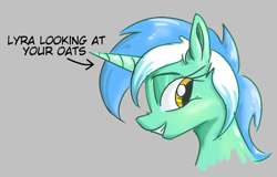 Size: 1043x666 | Tagged: safe, lyra heartstrings, pony, unicorn, aggie.io, female, food, mare, oats, simple background, smiling