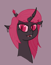 Size: 1218x1556 | Tagged: safe, artist:candyclop, imported from derpibooru, oc, oc:queen candy clop, changeling, changeling queen, bust, changeling queen oc, digital art, eyebrows, eyebrows visible through hair, eyelashes, eyeshadow, female, makeup, mare, pink changeling, pink eyes, pink hair, portrait, simple background, solo