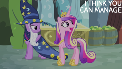 Size: 1920x1080 | Tagged: safe, edit, edited screencap, editor:quoterific, imported from derpibooru, screencap, princess cadance, twilight sparkle, alicorn, pony, season 4, three's a crowd, crown, duo, duo female, female, hoof shoes, jewelry, mare, open mouth, regalia, star swirl the bearded costume, twilight sparkle (alicorn)