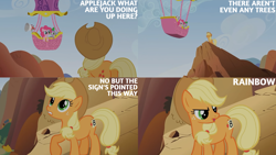 Size: 4400x2475 | Tagged: safe, edit, edited screencap, editor:quoterific, imported from derpibooru, screencap, applejack, pinkie pie, spike, dragon, earth pony, pony, fall weather friends, season 1, applejack's hat, cowboy hat, eyes closed, female, hat, hot air balloon, male, mare, open mouth, trio