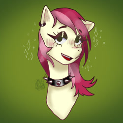 Size: 1000x1000 | Tagged: safe, artist:sizack, imported from derpibooru, roseluck, earth pony, pony, blushing, bust, choker, ear piercing, earring, eyebrows, eyebrows visible through hair, eyeshadow, female, goth, jewelry, lidded eyes, looking at you, makeup, open mouth, open smile, piercing, simple background, smiling, solo, sparkles, spiked choker