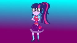 Size: 3264x1836 | Tagged: safe, artist:the double u, imported from derpibooru, sci-twi, twilight sparkle, human, equestria girls, glasses, gradient background, looking at you, ponytail, reflection, solo