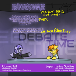 Size: 800x800 | Tagged: safe, artist:captainhoers, imported from derpibooru, spitfire, oc, oc:comet tail, earth pony, pony, the sunjackers, dialogue, duo, female, mare