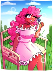 Size: 1800x2400 | Tagged: safe, artist:mylittleyuri, imported from derpibooru, pinkie pie, human, blushing, breasts, busty pinkie pie, candy, chair, choker, clothes, cloud, dark skin, dress, elf ears, female, food, grass, humanized, lollipop, one eye closed, open mouth, sky, solo, wink