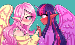 Size: 3000x1800 | Tagged: safe, artist:mylittleyuri, imported from derpibooru, fluttershy, twilight sparkle, human, alicorn humanization, blue background, clothes, dark skin, duo, elf ears, female, heart, holding hands, horned humanization, humanized, lesbian, looking at each other, looking at someone, shipping, simple background, sweater, sweatershy, twishy, winged humanization