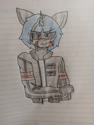 Size: 3472x4624 | Tagged: safe, artist:shiro01, imported from derpibooru, oc, oc only, oc:black matter, anthro, unicorn, anthro oc, clothes, cool, jacket, lined paper, solo, traditional art