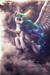 Size: 3840x5760 | Tagged: safe, artist:etherium-apex, imported from derpibooru, princess celestia, alicorn, pony, 3d, absurd file size, absurd resolution, blender, blender eevee, cloud, female, flying, glowing, glowing horn, horn, magic, magic aura, mare, signature, sky, smiling, solo, spread wings, wings