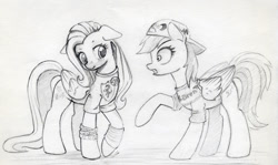 Size: 1176x701 | Tagged: safe, artist:maytee, imported from derpibooru, fluttershy, rainbow dash, pegasus, pony, backwards ballcap, baseball cap, cap, clothes, duo, ferrari, formula 1, grayscale, hat, mclaren, monochrome, pencil drawing, shirt, simple background, t-shirt, traditional art, white background