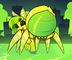 Size: 1900x1600 | Tagged: safe, artist:change, imported from derpibooru, oc, oc only, oc:lemon drop, changeling, monster pony, original species, spider, spiderling, spiderpony, abdomen, butt, city, female, looking at you, macro, multiple eyes, rear view, species swap