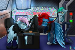 Size: 3000x1989 | Tagged: safe, artist:brainiac, imported from derpibooru, oc, oc:loop rider, oc:roaring forties, oc:skyline, pegasus, pony, fallout equestria, clothes, computer, computer mouse, computer screen, crying, enclave, female, floppy ears, frown, mare, sad face, sad pony, uniform