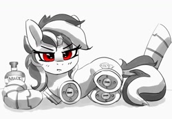 Size: 1199x834 | Tagged: safe, artist:pabbley, imported from derpibooru, oc, oc only, oc:blackjack, cyborg, pony, unicorn, fallout equestria, fallout equestria: project horizons, amputee, broken horn, cybernetic legs, female, frown, grayscale, horn, looking at you, mare, modular, monochrome, no legs, partial color, prosthetic leg, prosthetic limb, prosthetics, quadruple amputee, red eyes, simple background, solo, white background