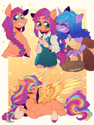 Size: 1500x2000 | Tagged: safe, artist:yuyusunshine, imported from derpibooru, izzy moonbow, sunny starscout, alicorn, anthro, earth pony, pony, unicorn, artificial horn, artificial wings, augmented, clothes, female, g5, horn, implied lesbian, implied shipping, lying down, magic, magic horn, magic wings, mare, my little pony: a new generation, prone, race swap, sunnycorn, wings