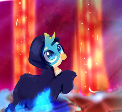 Size: 1000x920 | Tagged: safe, artist:lanlanlc, imported from derpibooru, gallus, griffon, baby gallus, blue fire, cape, clothes, cute, delighted, eyeshadow, fallout, fortress, gallabetes, illustration, inferno, lava, magma, makeup, male, minecraft, rock, solo, will-o'-the-wisp