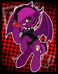 Size: 2100x2678 | Tagged: safe, artist:amgiwolf, imported from derpibooru, oc, oc only, oc:violet valium, bat pony, pony, apple, bat pony oc, checkered background, clothes, collar, commission, ear piercing, emo, eyeliner, eyeshadow, female, flying, food, hoodie, looking at you, makeup, mare, piercing, solo, spiked collar, spread wings, torn clothes, torn ear, two toned mane, wings