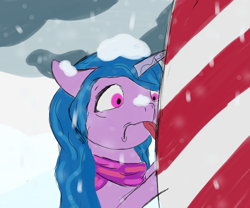 Size: 2400x2000 | Tagged: safe, artist:the crystal artist, derpibooru exclusive, imported from derpibooru, izzy moonbow, pony, unicorn, candy, candy cane, clothes, cloud, cloudy, fail, female, food, g5, high res, mare, old art, scarf, shocked, silly, silly pony, snow, snowfall, solo, stuck, there was an attempt, tongue out, tongue stuck to pole, winter